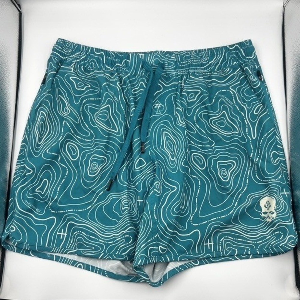 Zero Foxtrot Men's Large Topographic Swim Trunks Teal Blue White Skull Spade